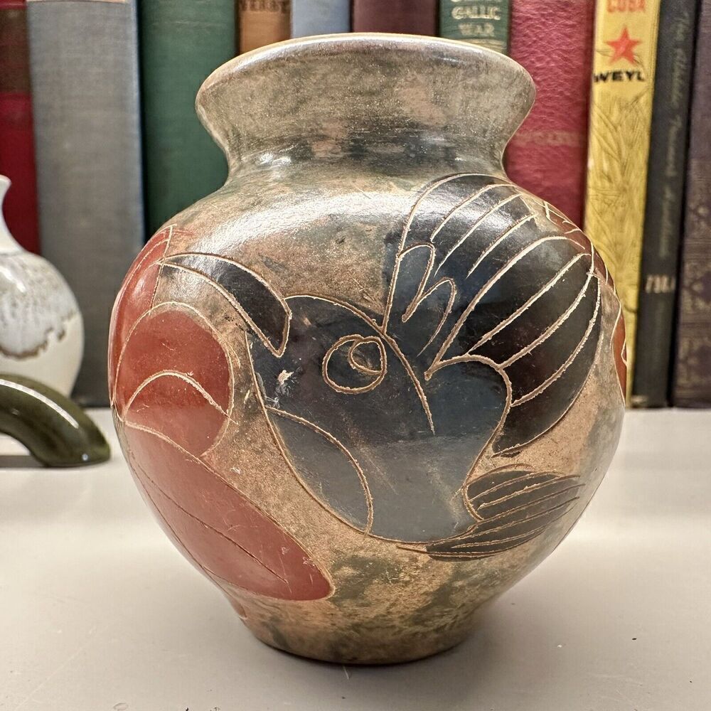 Vintage Costa Rica Art Pottery Vase Bird Flower Cut Away Design Hand-painted 4"